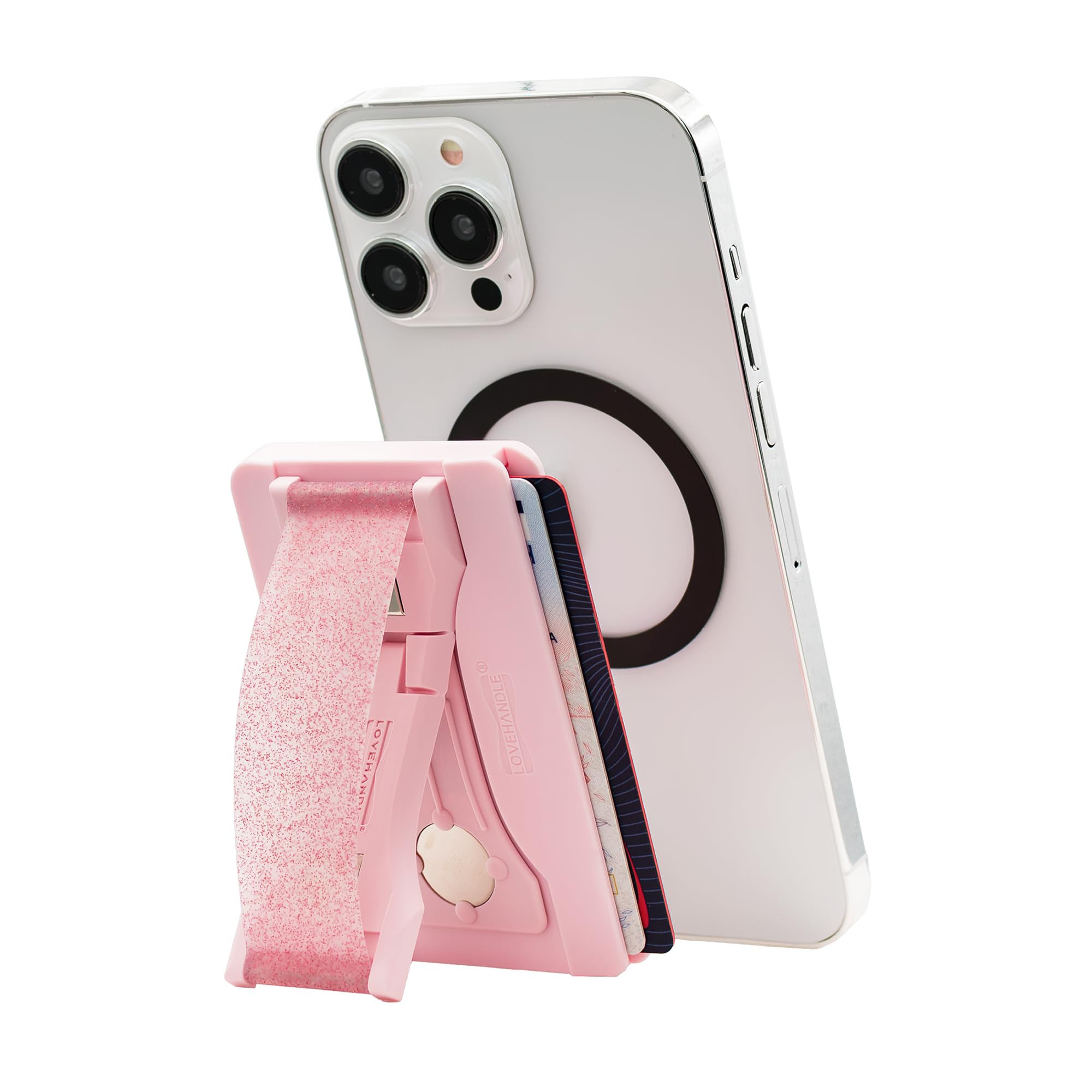 LOVEHANDLE Phone Wallet with Kickstand and Adapter Ring for MagSafe, Phone Card Holder, Wireless Charging Compatible, Wallet Compatible with MagSafe - Pink Diamond Glitter - Image 8