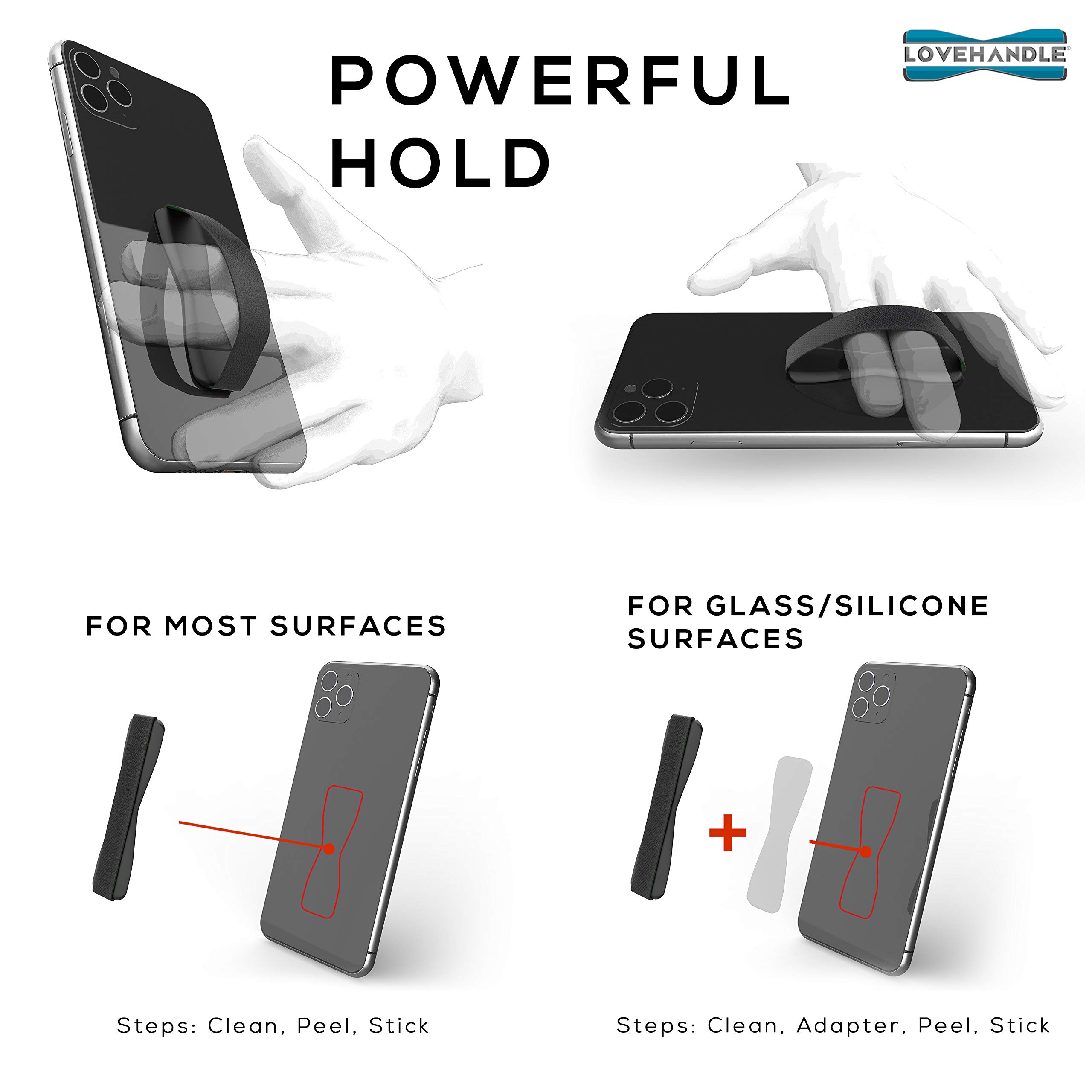LOVEHANDLE Universal Phone Grip for Most Smartphones, Mini Tablets and Cases, Black Elastic Strap with White Base, LH-01White - Image 3